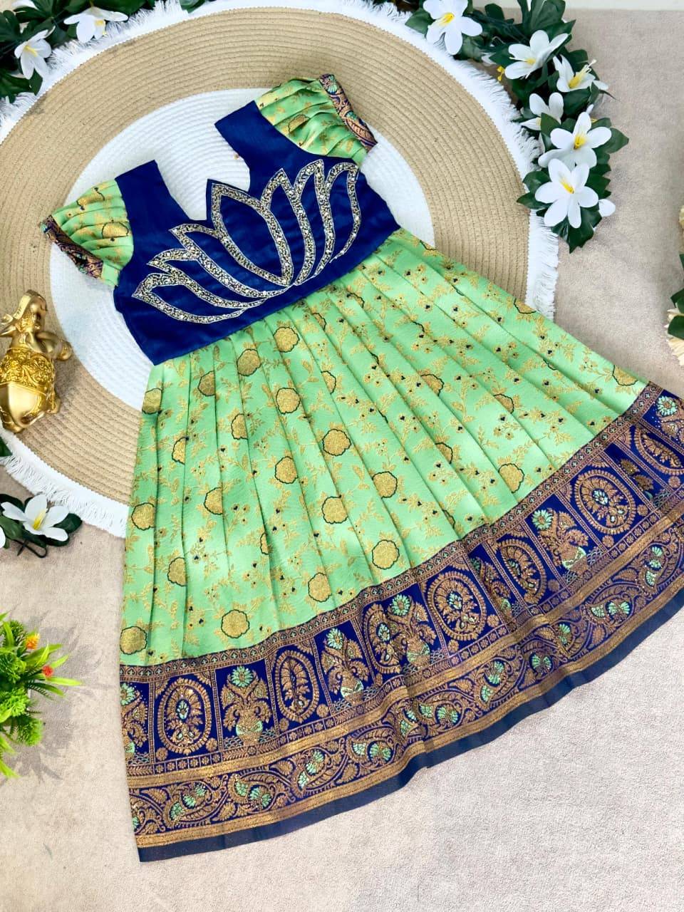 Lotus Frock Jaquard Silk Green Wholesale children boutique clothing
